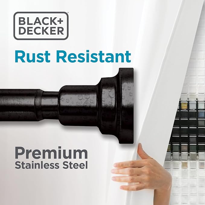 BLACK+DECKER Tension Shower Curtain Rod 42-72 Inch – Drill-Free Adjustable Curtain Rod, Rust-Resistant Stainless Steel Tension Curtain Rod for Shower, Bathroom, Window, Closet – 35 lb Capacity
