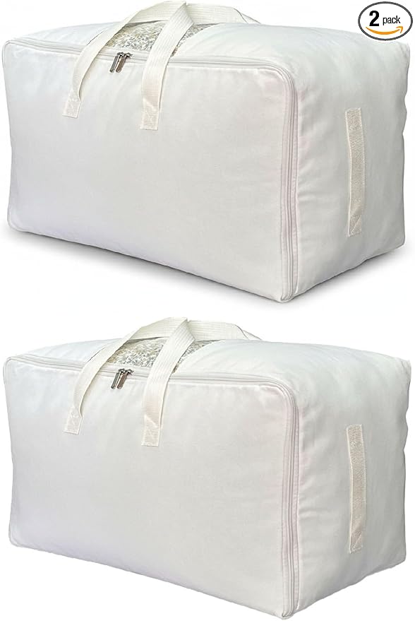DoYiKe Soft Canvas Clothes Storage Bags with Four Carrying Handles and Clear Window, Closet Organizer for Clothing, Blankets Sheets Pillows and Bedding, 55L, 2 Pack, White