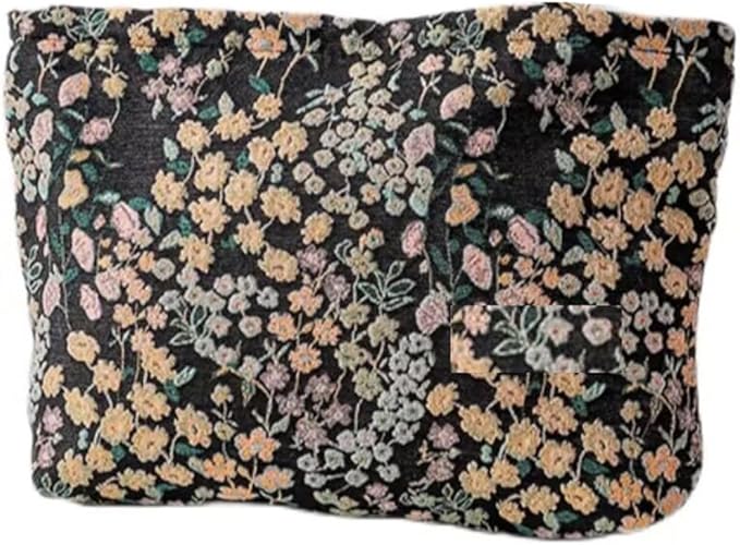 SxoSyo Cosmetic Bags for Women Makeup Bag Embroidery Large Capacity Purse Travel Toiletry Zipper Pouch Make up Brushes Organizer for Gifts (mini Flowers, Black)