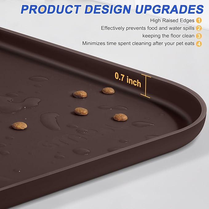 SMILOOL Silicone Pet Feeding Mat with Raised Edge for Food and Water, Dog Bowl Mats, Cat Bowls Placemat with High Lip for Floor Waterproof, Rubber Tray for Cats and Dogs 19 x 12 x0.7 Dark Brown