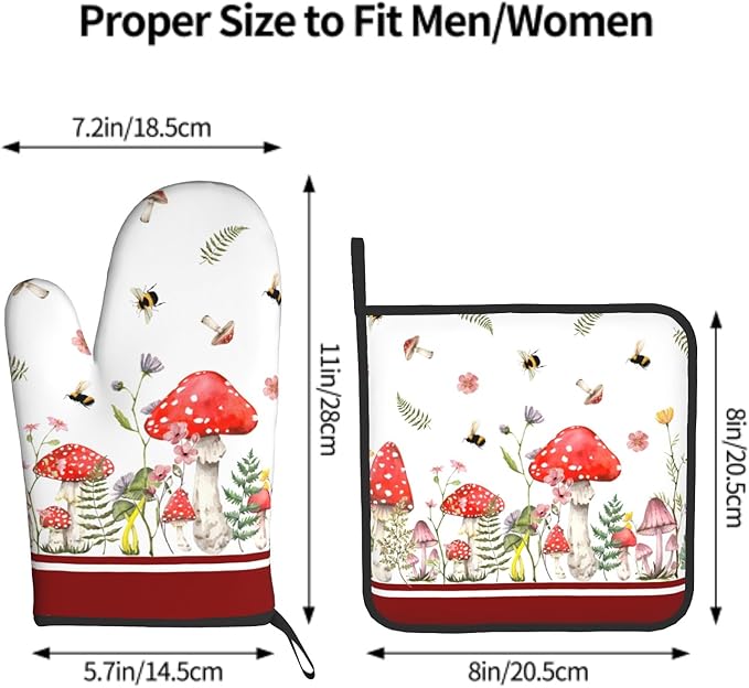 Mushroom Oven Mitts and Pot Holders Set of 2，Wildflower Botanical Heat Resistant Oven Gloves Funny Decorative Kitchen Hot Pads and Mitts for Chef Baking Cooking Grilling