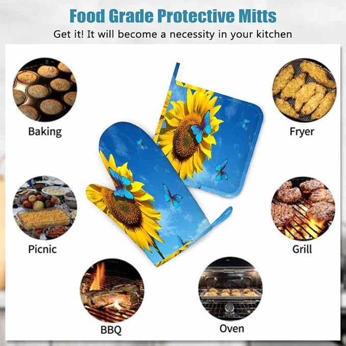 Mxocom Yellow Sunflowers Silicone Oven Mitts and Pot Holders Sets Blooming Sunflowers in Blue Sky Beautiful Blue Butterflies Flying BBQ Gloves for Kitchen,Cooking,Baking,Grilling