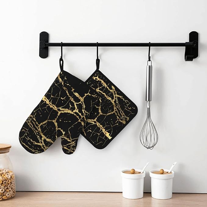 Oven Mitts and Potholders Black Marble Silicone Glove Heat Resistant, Kitchen Gloves for Cooking, 2-Piece Set