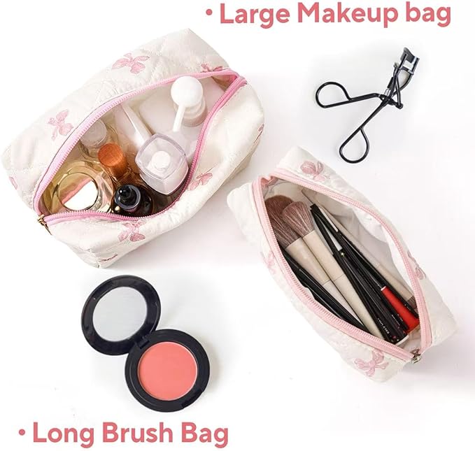 MZLUWM 2 Pcs Makeup Bag Travel Cosmetic Bag，Cute Floral Quilted Makeup Bag Set for Women Girls，Cotton Travel Toiletry Zipper Make Up Pouch (Pink Bow)