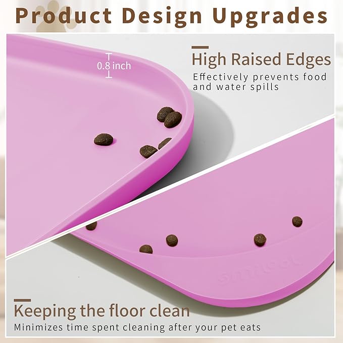 Smilool Silicone Pet Food Mat with Raised Edge for Food and Water Bowl, Dog Feeding Mats, Cat Food Trays for Floor Waterproof, Rubber Tray for Dogs and Cats, 22 x 14 x 0.8 Pink