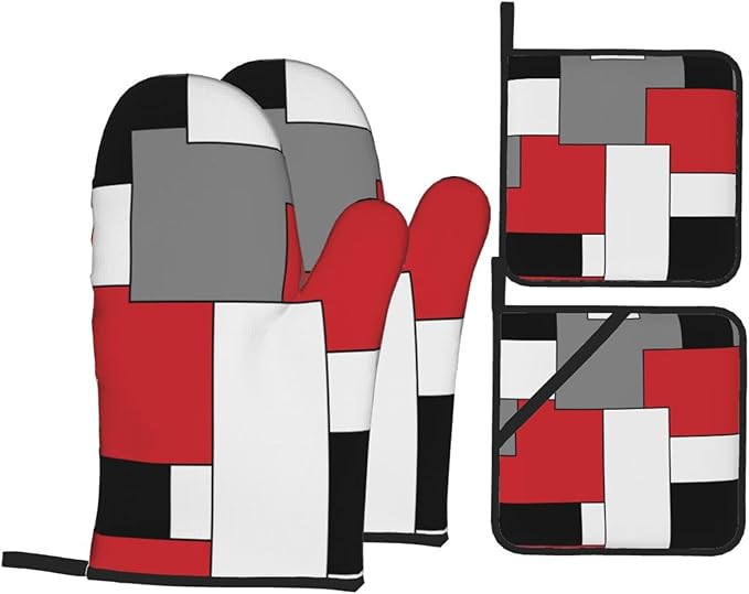 Red White Black Grey Geometry Oven Mitts and Pot Holders 4 Pcs Set Geometric Oven Gloves and Potholders for Cooking Microwave BBQ Baking Grilling