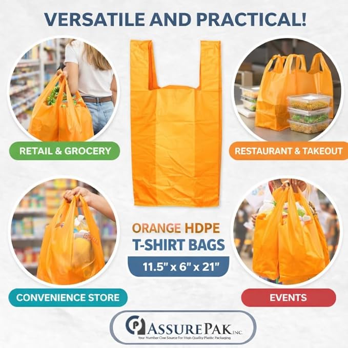 ASSUREPAK Easy Open - 1000 Bags - Colored Unprinted HDPE T-Shirt Bags - 1/6 BBL 11.5"X6"X21" - 13 microns - Orange - Perfect for Groceries, Shopping and Retail Stores LOOP-ORANGE-EO