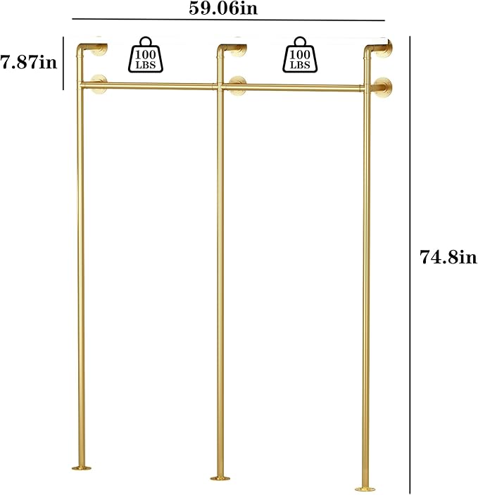 KAILNKISS Industrial Pipe Clothing Rack, Wall Mounted Clothes Rack Gold Clothing Rack with Shelf Wardrobe Multi-Purpose Storage Clothes Hanging Shelf-59''L Gold