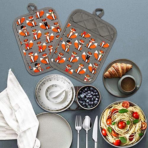 Pot Holders Set of 2 Heat Resistant 480 ℉ Non Slip Clear Silicone Printed Comfortable Cotton Lining Kitchen Women Men Cooking Baking Microwave Machine Washable (Fox, Gray Potholders)