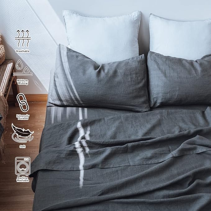 Simple&Opulence Washed Linen Bed Sheet Set Basic Style 4 Pieces (1 Flat Sheet & 1 Fitted Sheet & 2 Pillowcases) 100% Natural French Flax Soft Breathable Farmhouse Bedding (Queen, Dark Grey)