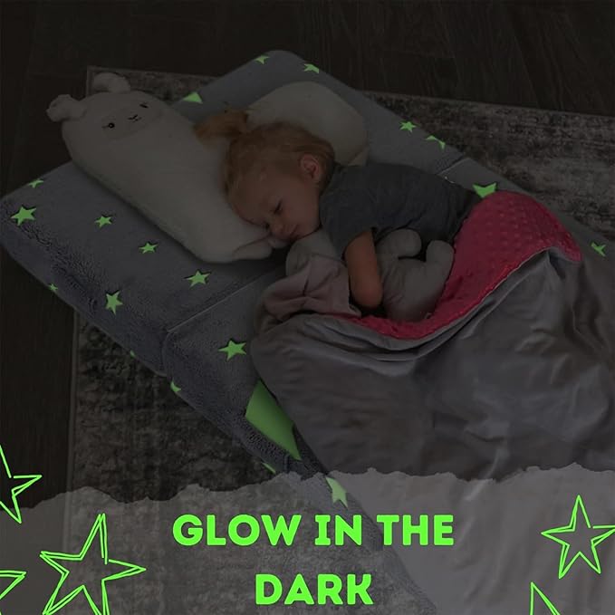 MeMoreCool Glow Star Kids Foldable Floor Mattress Mat with Carry Bag, 3-in-1 Tri-Fold Futon, Soft Plush Glow Cover, Portable for Travel, Grey 63x26 Inch