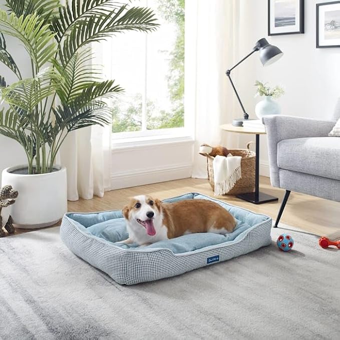 Sam's Pets Arlo Orthopedic Blue Plaid Dog Bed with Soft Fabric, Easy Cleaning, Non-Slip Grip, Modern Design, Large