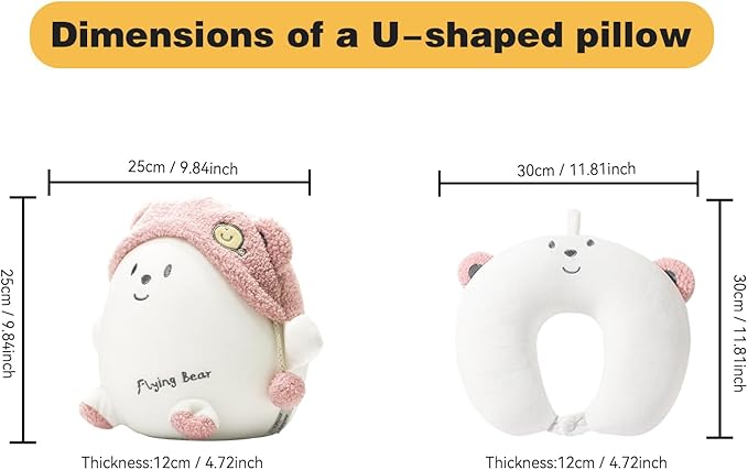 stocaggio Kids Travel Pillow - 2-in-1 Deformable Kids Neck Pillow for Traveling, Soft U-Shaped Pillow with Adorable Animal Design, Comfy Sleep and Play, Ideal for Airplanes and Cars - Pink Bear