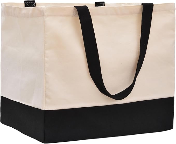 CNaiyunpin Heavy Duty Canvas Reusable Grocery Bags - 8.3 Gal Foldable Large Tote with Handles, Holds 60 lbs & Washable Eco-friendly Bags with 5 Pockets, Off White Black