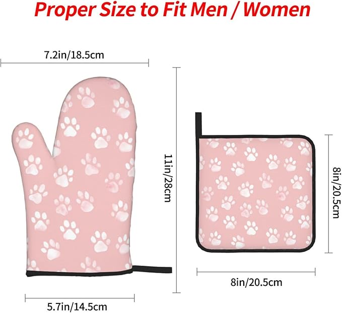 Oven Mitts and Pot Holders Sets of 4 Pastel Pink Dog Paw Pattern Kitchen Potholder Gloves Heat Resistant Non-Slip for Chef Baking Cooking Grilling BBQ Mittens