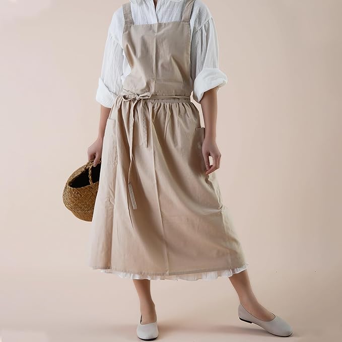 ODIZLI Frill Apron for Women Cotton Cross Back Vintage Ruffle Apron for Garden Cooking Aprons