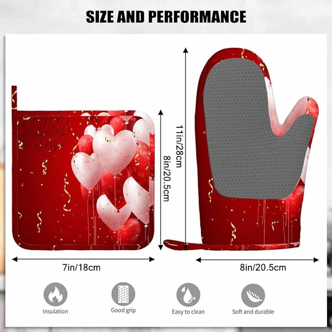 Mxocom Red Hearts Balloons Oven Mitts and Pot Holders Sets Valentine's Day Love Backdrop Silicone Heat Resistant Kitchen Oven Gloves Pot Holder for Cooking