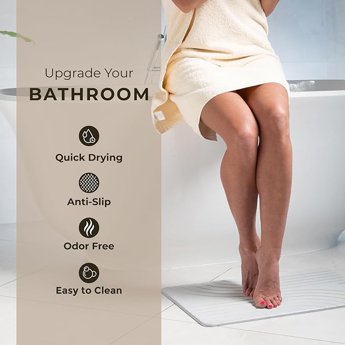 TOSORO - Stone Bath Mat, Diatomaceous Earth Non-Slip Stone Shower Mat - Quick Drying Absorbent Bath Mats for Bathroom - Elegant & Modern Design, Easy to Clean (23.5 x 15) - Grey