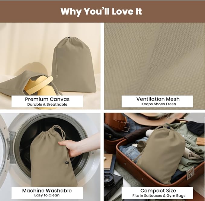LFH Cotton Rich Shoe Storage Bags with Drawstring, Dustproof Breathable Reusable Organizer, Perfect For Travel, Dorm, Hotel, College, Gym, Easy to Carry Machine Washable 12"x17" (Pack of 4) - Chambray