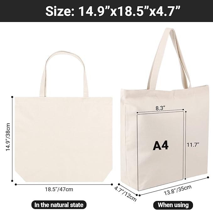Segarty Canvas Bag with Zipper, 12 Pack 18x15 Blank Canvas Tote Bags for Women, Reusable Bags Aesthetic with Natural Cotton Cloth, Shoulder Strap, Bulk for DIY, Grocery, Beach, Travel，Gift