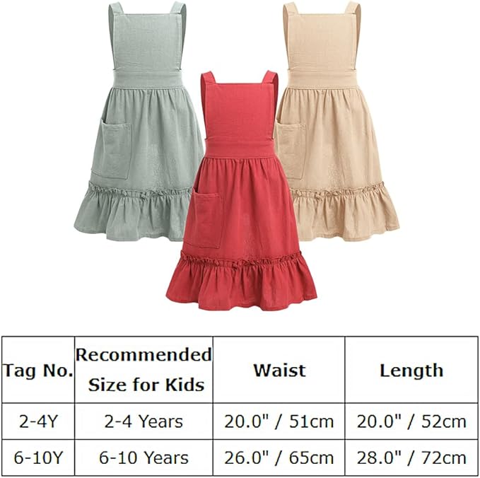 OBEEII Kids Aprons for Cooking Cotton Linen Children Baking Kitchen Gardening Painting Apron Pinafore Dress with Pockets