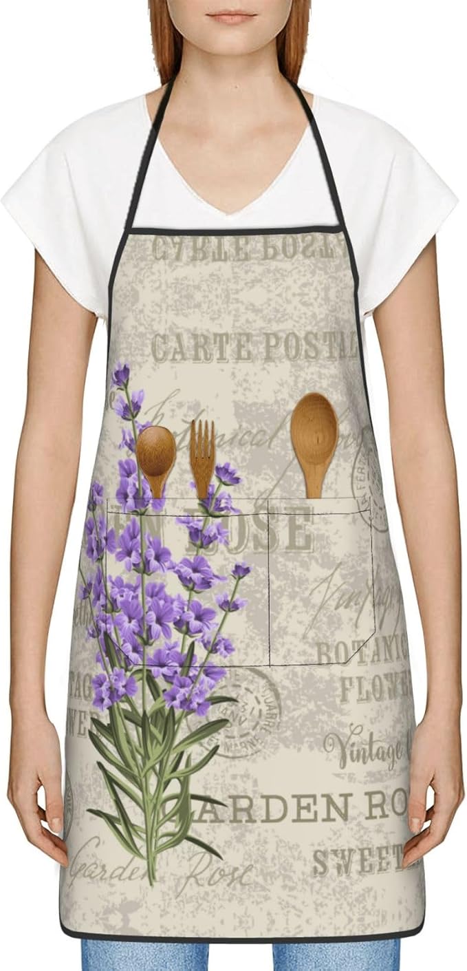 Lavender Flowers Elegant Postcard Vintage Oven Mitts and Pot Holders with Apron Set of 5 Silicone Kitchen Mitten and Non-Slip Potholders Apron Set Heat Resistant Oven Gloves Hot Pads Set