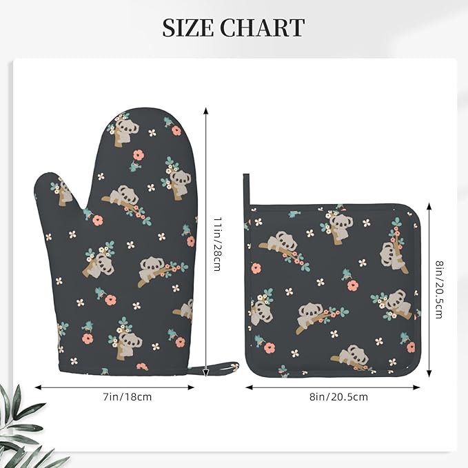 Cute Koala Oven Mitts and Pot Holders Set of 4 Silicone Heat Resistant Oven Mitten Potholders Non Slip Gloves Kitchen Decor for BBQ Cooking Grilling Baking