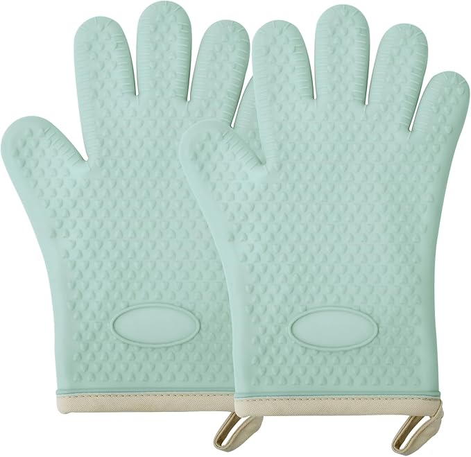 Silicone Oven Mitts Ven Gloves with Fingers Pot Holders and Oven Mitts Heat Resistant Kitchen Baking Cooking Barbecue Accessories 2 Pack Green