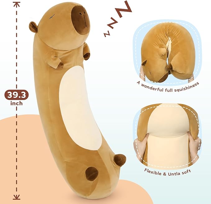 MorisMos Long Capybara Body Pillow 39.3in, Cute Capybara Stuffed Aminal Sleeping Cuddly Soft Throw Pillow Toy Gift for Kids Girlfriend