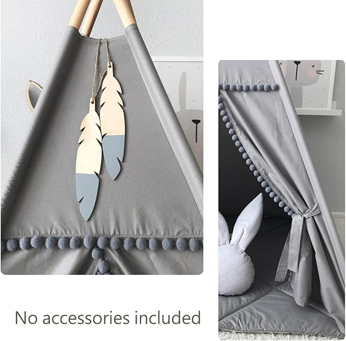 RONGFA Kids Teepee Tent with White Pom Pom - Indoor Play Teepee for Children Boys Portable Play House (Grey)