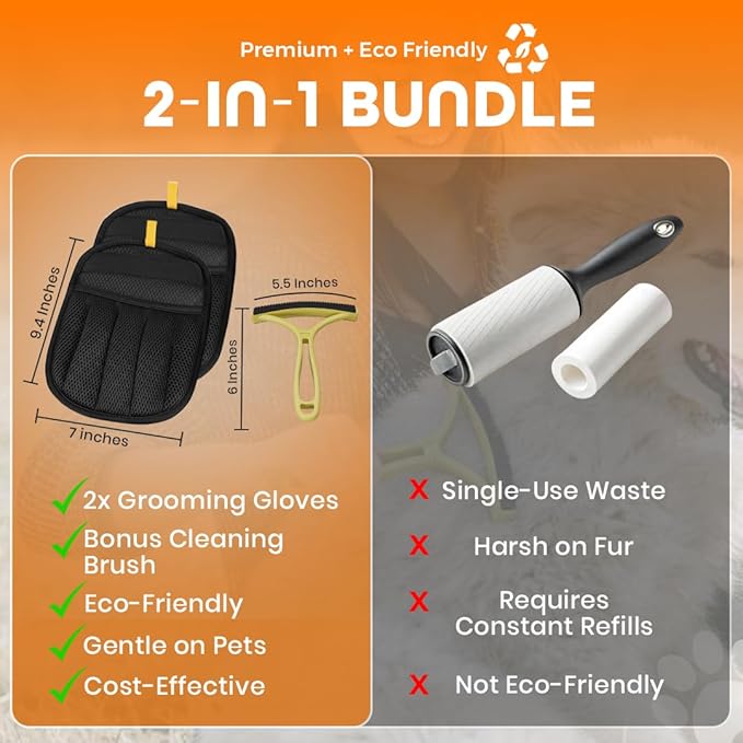 2 Pack Electrostatic Pet Hair Remover Glove with Cleaning Brush for Cats & Dogs, 2026 Upgraded Reusable 5-Finger Grooming Gloves – Magic Brush Tool for Furniture, Couch, Carpet, Car & Clothing (Black)