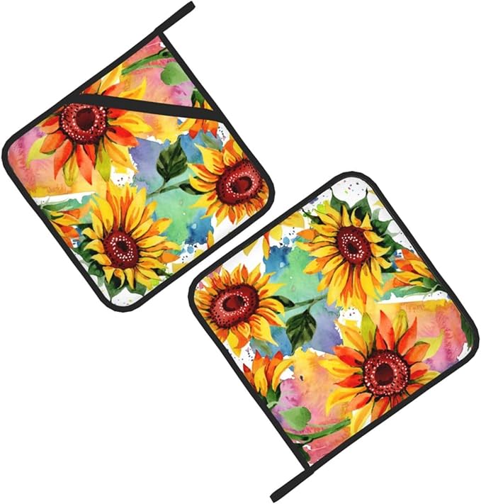 Colorful Sunflower Pot Holders Set of 2 Heat Resistant & Non Slip Potholders, Watercolor Art Style Fire Oven Hot Pads for Kitchen Cooking Baking Barbecue