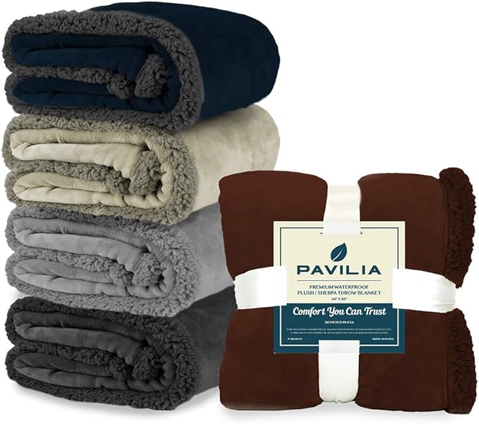 PAVILIA Waterproof Blanket for Couch, Sofa | Pet Protector for Large Dog, Puppy, Cat | Plush Soft Warm Fuzzy Sherpa Throw, Navy, 60x80