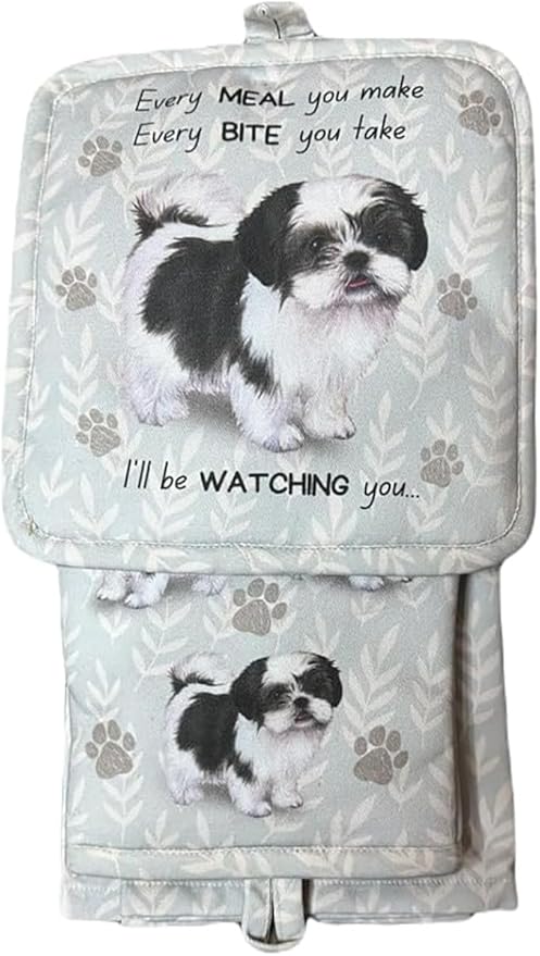 Shih Tzu 3-Piece Kitchen Set - Oven Mitt, Pot Holder & Kitchen Towel Set, Heat Resistant up to 420 F, Soft Quilted Cotton for Cooking, Baking, BBQ, Pet Lover Gifts (Shih Tzu Black)