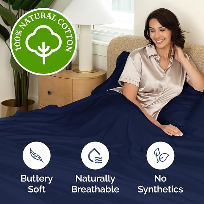 400 Thread Count Cotton Sheet Set - Full Size 100% Cotton Sheets - Easily Fits 8" to 16" Mattress - Silky-Soft, Wrinkle Free, Breathable & Comfy - Deep Pockets & Hotel Quality Bedding Set - Navy Blue