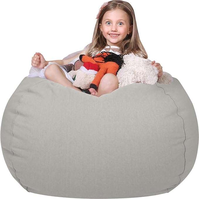 WEKAPO Stuffed Animal Storage Bean Bag Chair Cover for Kids | Stuffable Zipper Beanbag for Organizing Children Plush Toys Large Premium Cotton Canvas (Solid Grey, XX-Large)