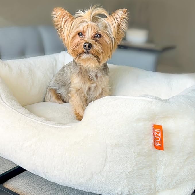 FUZI Elevated Dog Bed Small with Extra Cover, Luxury Raised Dog Beds, Removable and Machine Washable Bed Cover, Indoor/Outdoor Orthopedic Pet Bed, Small 25.1x16.75x18 Soft White & Dark Brown Base