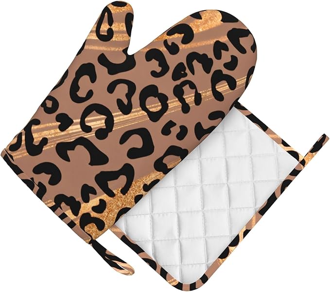 Silicone Oven Mitts and Pot Holders Sets, Home Golden Leopard Print Heat Resistant BBQ Gloves for Kitchen Baking Cooking Grilling Microwave