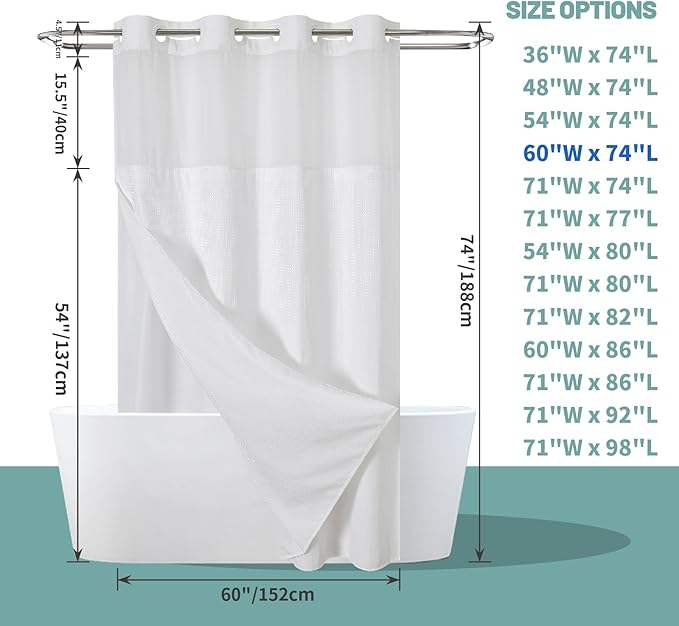 eachope White No Hook Waffle Weave Shower Curtain with snap-in Liner Replacement, 230GSM Waterproof Fabric Hotel Shower Curtain Set for Bathroom, Through Mesh Top Window,60Wx74H