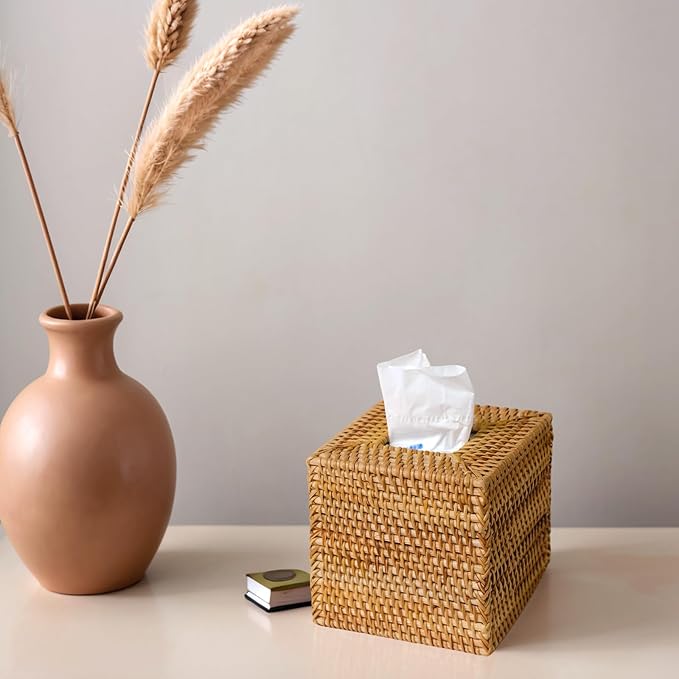 KALEKAIL Rattan Tissue Box Cover, Wicker Tissue Box Holder Square, Boho Decorative Woven Rattan Tissue Holders for Bathroom Living Room Kitchen, Natural