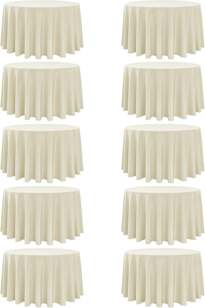 10-Pack Ivory Round Tablecloths, 108 Inches, Stain-Resistant Polyester for 4-5 Ft Round Tables - Washable Table Covers for Weddings, Banquets, Birthday Parties, Events