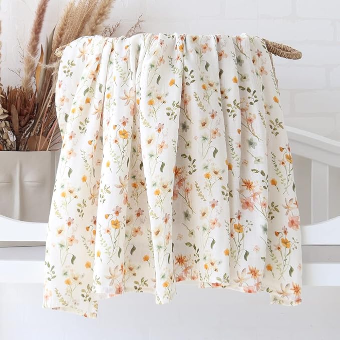 LifeTree Baby Muslin Swaddle Blankets for Boys & Girls, Newborn Swaddle Set with Matching Headband Bow, Infant Blanket Wrap, 47 x 47 inches, Floral Motif, 70% Viscose Bamboo and 30% Cotton