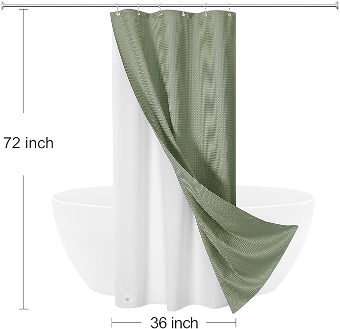 Craidlela 3 in 1 Stall Half Size Shower Curtain Set-36 W x 72 H, Sage Green Waffle Waterproof Fabric and PEVA Liner Set with Stainless Steel Hooks