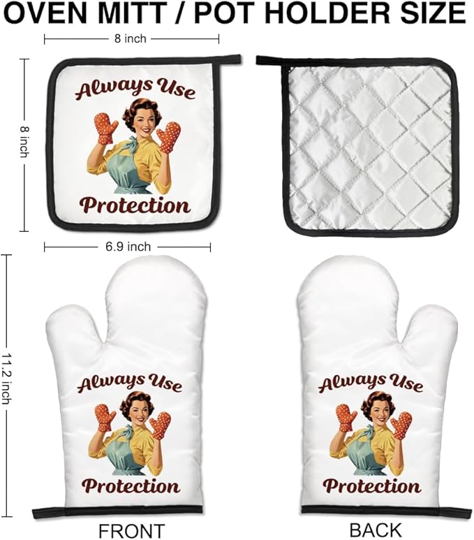 Always Use Protection Funny Oven Mitts and Pot Holders Set, Retro Home Cooking Baking Tools, Suitable for Family Gathering Cooking, Housewarming Gifts for Parents and Family Members