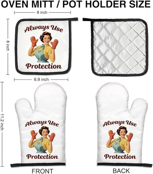 Always Use Protection Funny Oven Mitts and Pot Holders Set, Retro Home Cooking Baking Tools, Suitable for Family Gathering Cooking, Housewarming Gifts for Parents and Family Members