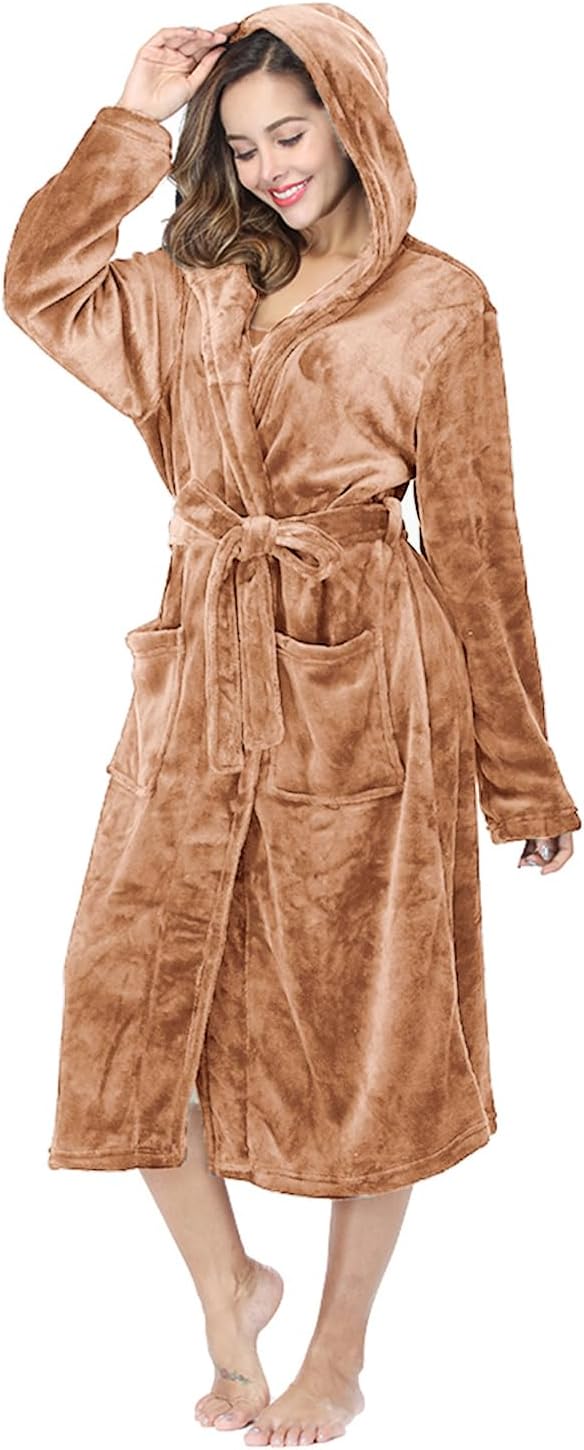 RONGTAI Womens Robes Plush Fleece Hooded Bathrobe Thick Nightgown with Pockets Fluffy Sleepwear
