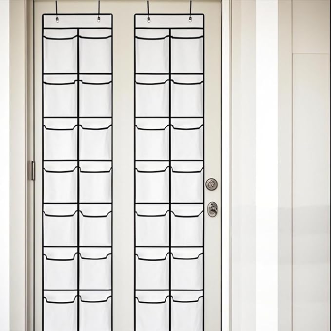 Makryebi Door Shoe Organizer with 14 Mesh Pockets, 59”H x 11.8”W inches, Clear Storage Pockets, 2 Pack, White