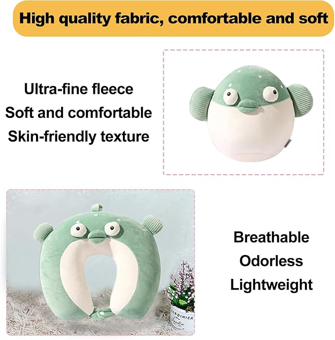 stocaggio Kids Travel Pillow - 2-in-1 Deformable Kids Neck Pillow for Traveling, Soft U-Shaped Pillow with Adorable Animal Design, Comfy Sleep and Play, Ideal for Airplanes and Traveling (Green Fish)