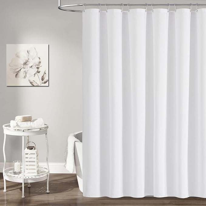 BTTN Fabric Shower Curtain, Linen Textured Heavy Duty Polyester Cloth Shower Curtain Set with Plastic Hooks, White, 48" W x 72" L (Pack of 1)