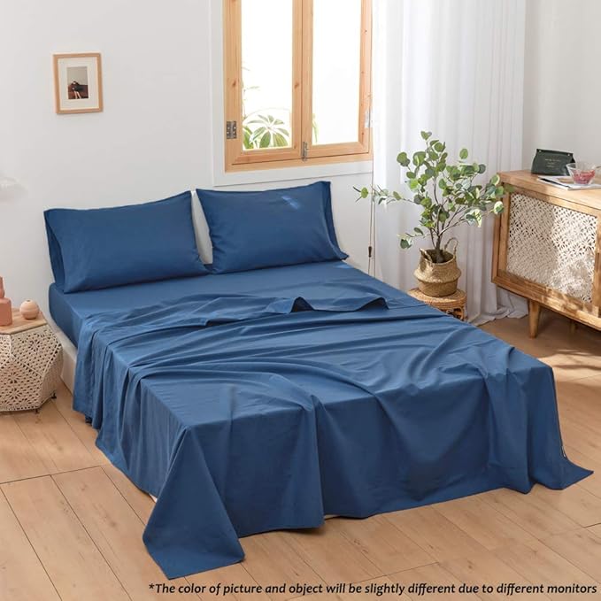 Simple&Opulence Belgian Linen Sheet Set Solid Color - 4 Pieces (1 Flat Sheet, 1 Fitted Sheet & 2 Pillowcases) Natural Flax Cotton Blend Soft Breathable Farmhouse Bedding - King Size, Classic Blue